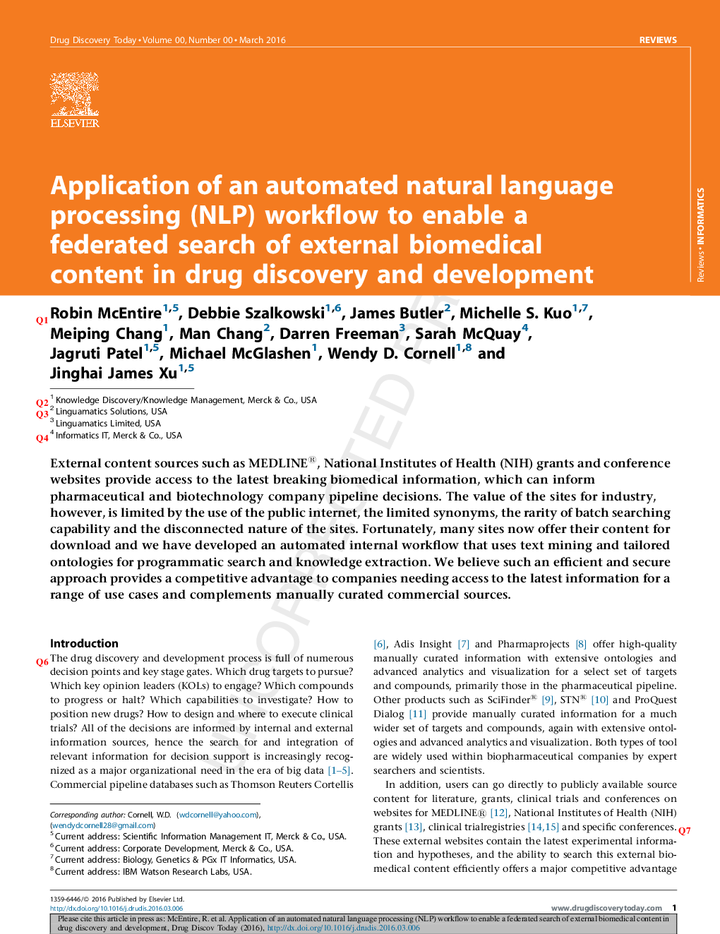 عکس صفحه اول مقاله: Application of an automated natural language processing (NLP) workflow to enable federated search of external biomedical content in drug discovery and development Application of an automated natural language processing (NLP) workflow to enable federated search of external biomedical content in drug discovery and development