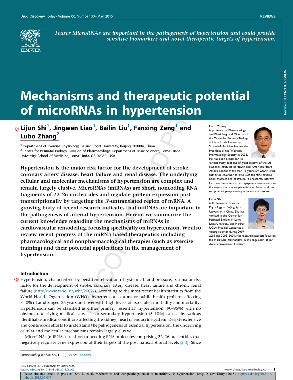 Mechanisms and therapeutic potential of microRNAs in hypertension