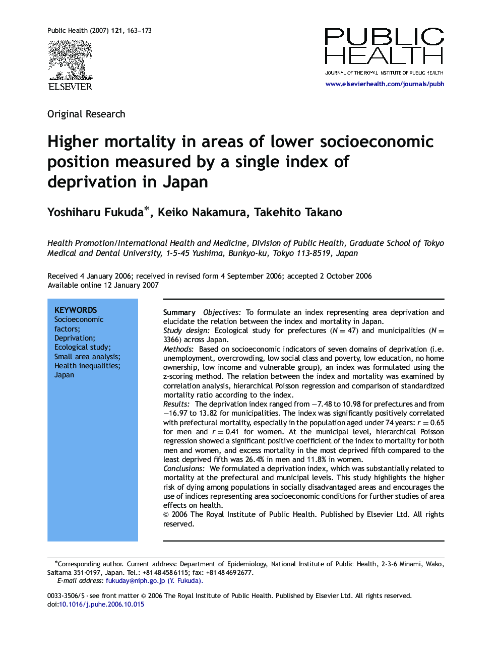 Higher mortality in areas of lower socioeconomic position measured by a single index of deprivation in Japan
