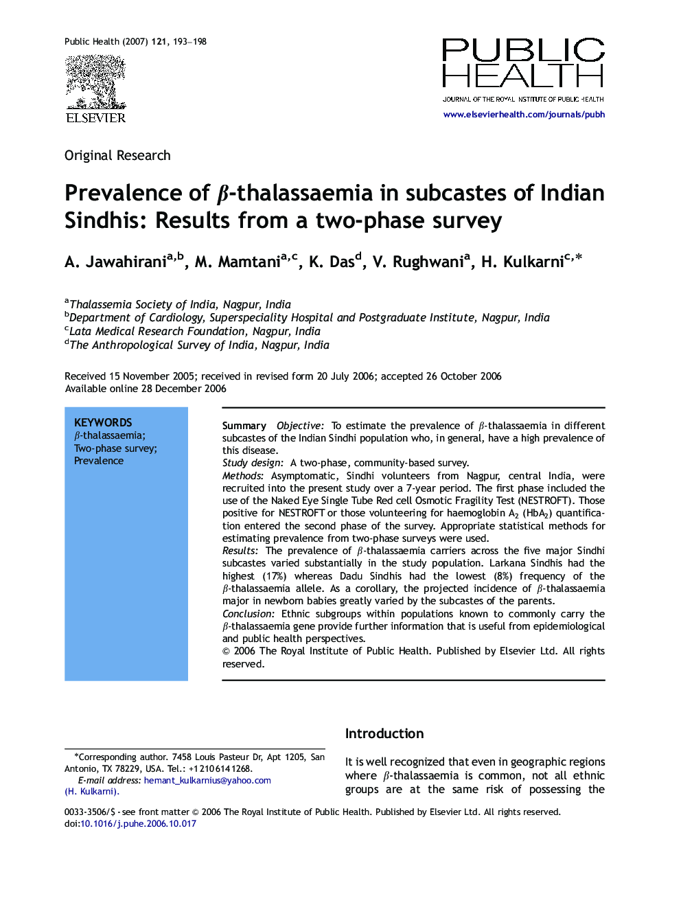 Prevalence of Î²-thalassaemia in subcastes of Indian Sindhis: Results from a two-phase survey