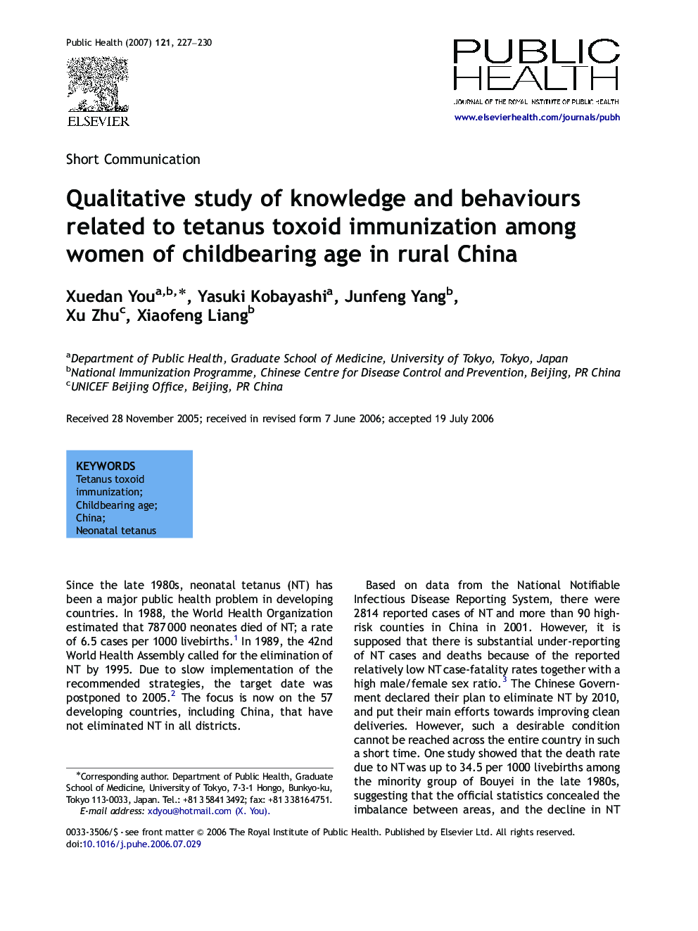 Qualitative study of knowledge and behaviours related to tetanus toxoid immunization among women of childbearing age in rural China