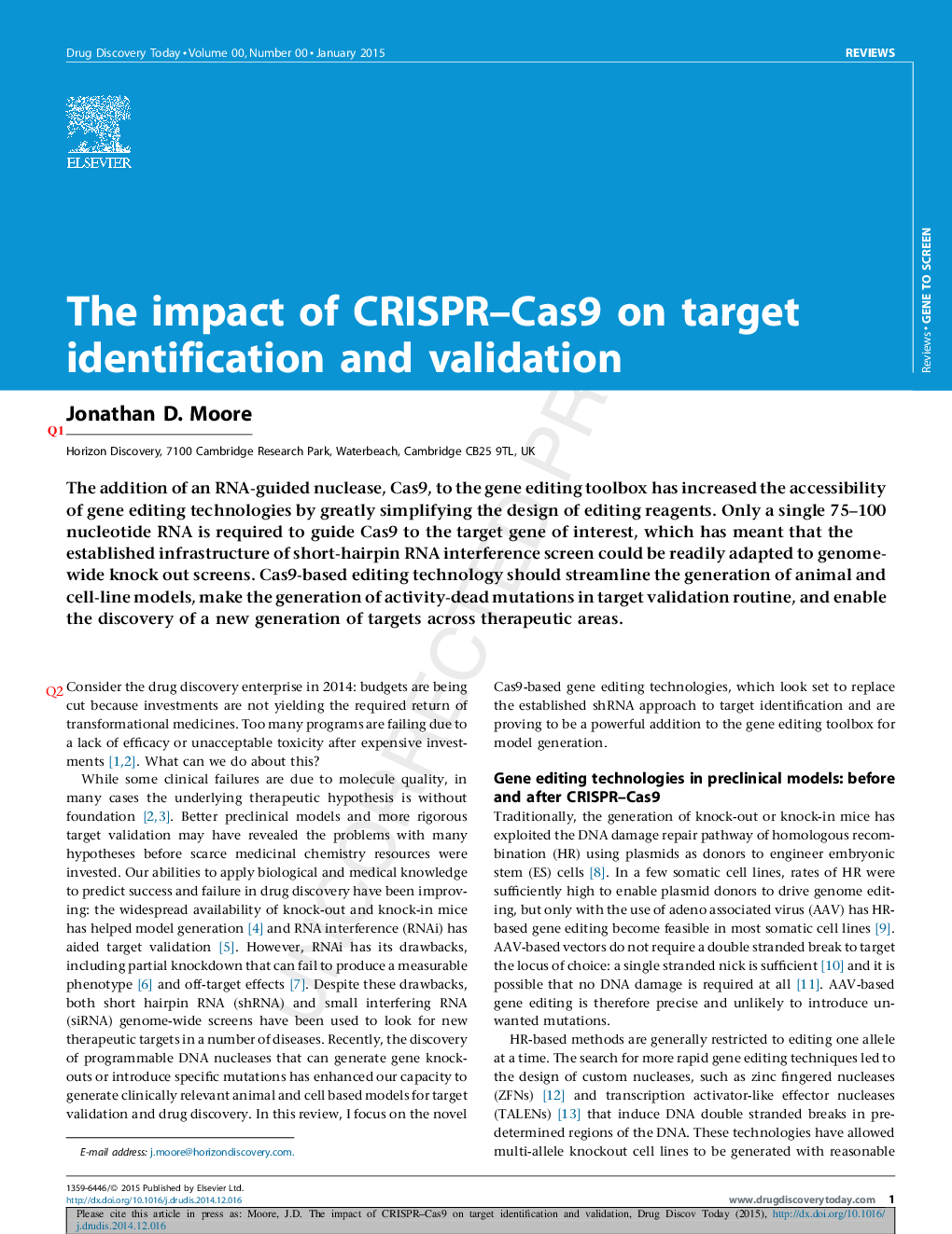 The impact of CRISPR-Cas9 on target identification and validation