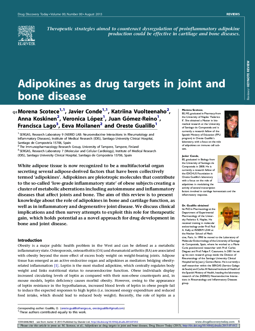 Adipokines as drug targets in joint and bone disease