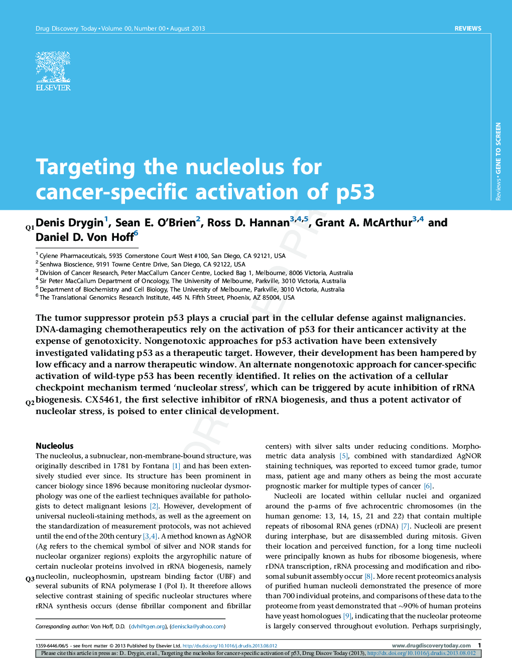 Targeting the nucleolus for cancer-specific activation of p53