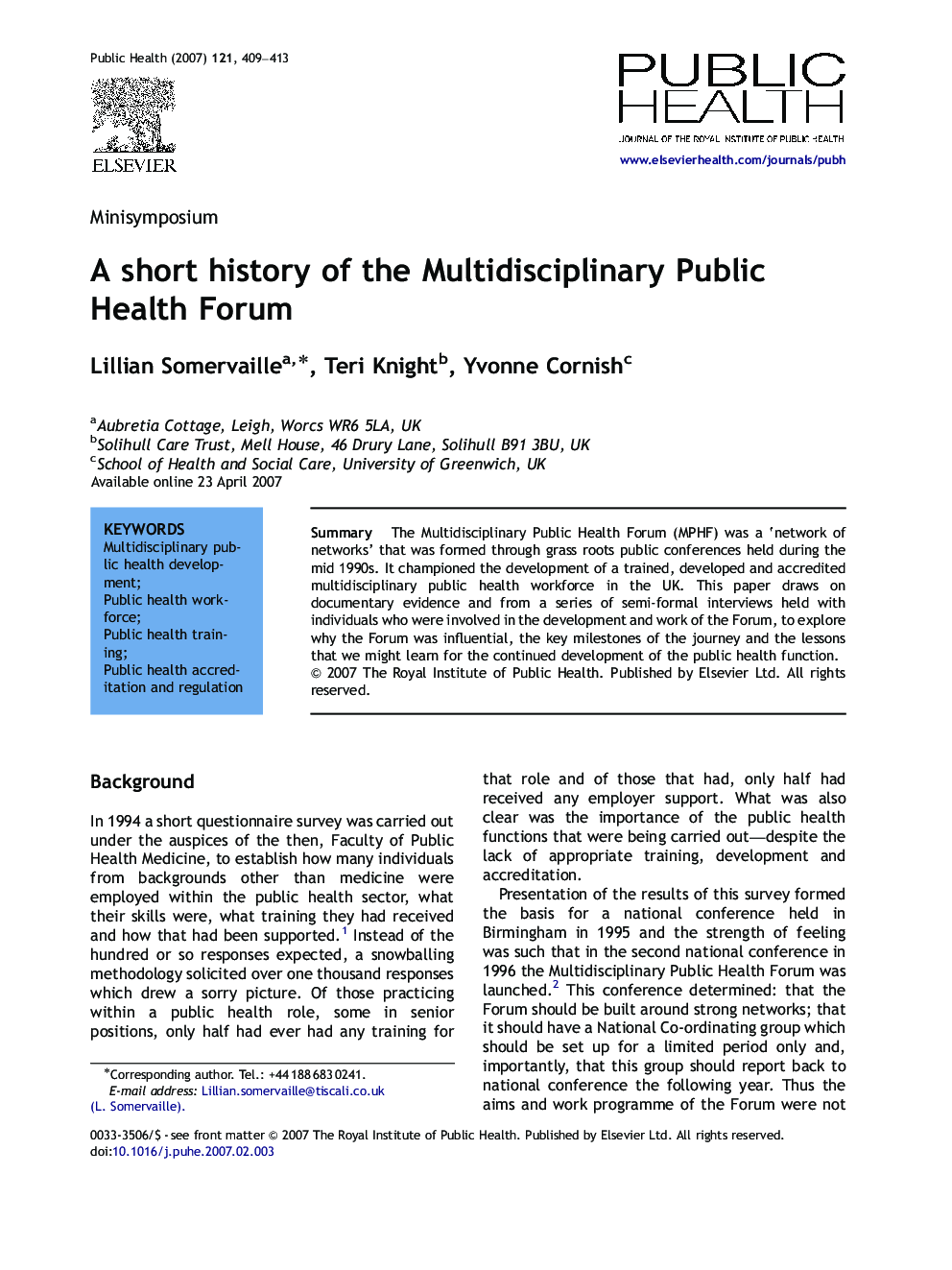 A short history of the Multidisciplinary Public Health Forum