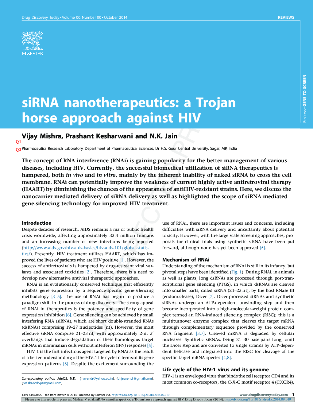 siRNA nanotherapeutics: a Trojan horse approach against HIV