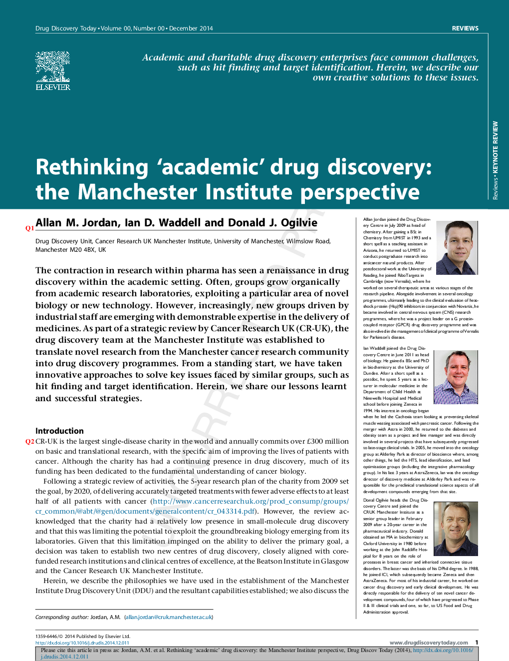 Rethinking 'academic' drug discovery: the Manchester Institute perspective