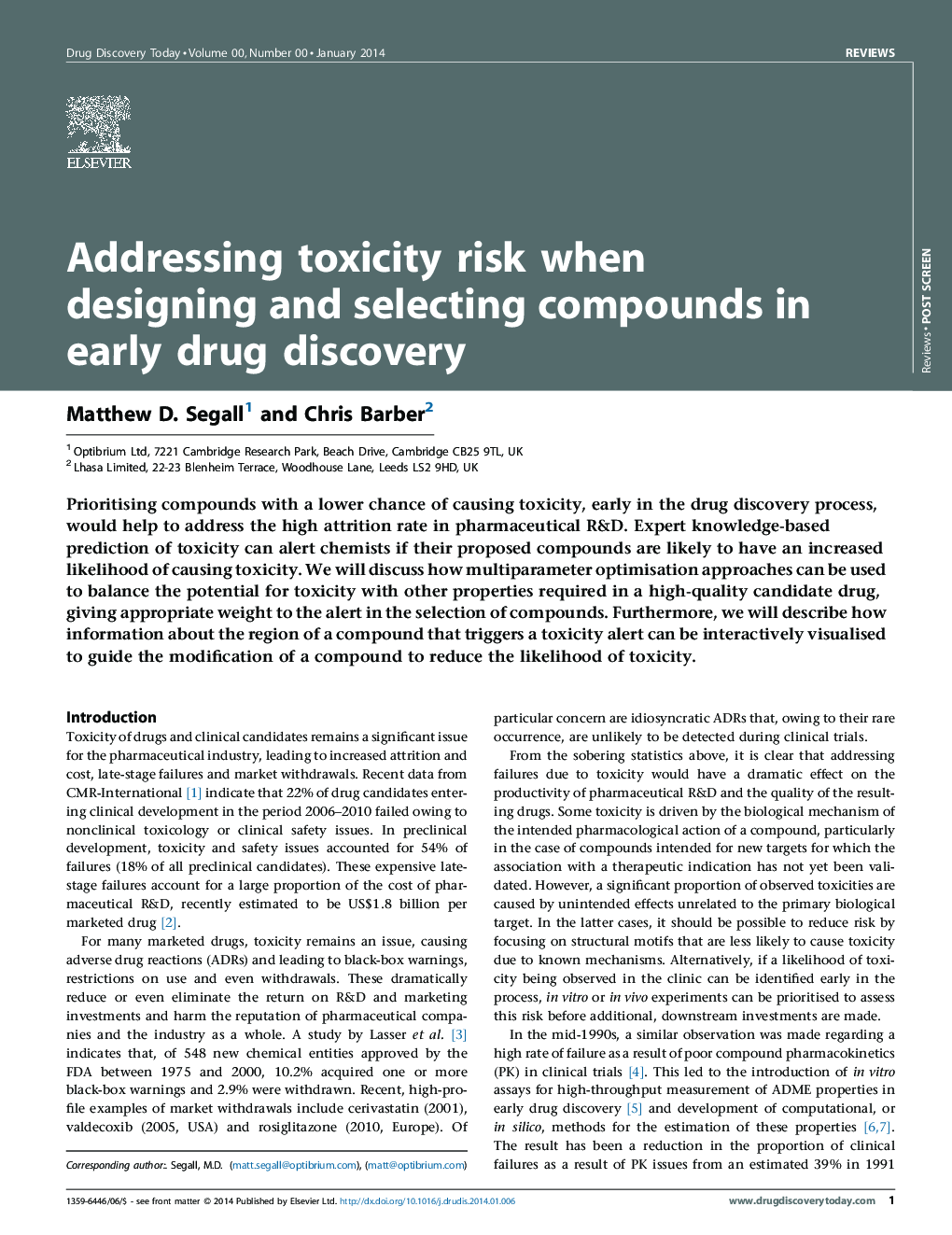 Addressing toxicity risk when designing and selecting compounds in early drug discovery