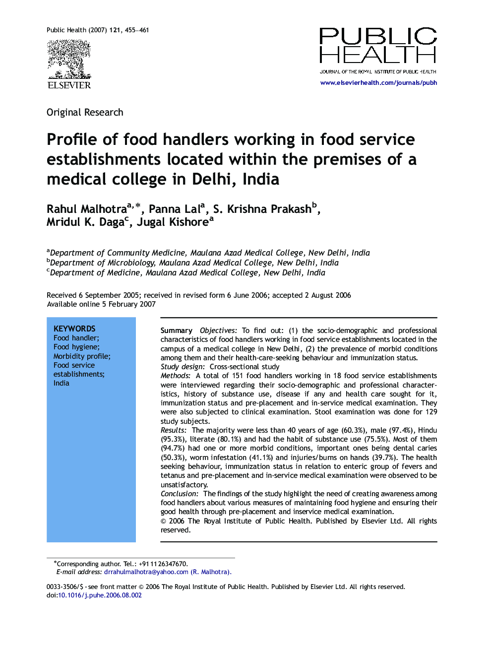Profile of food handlers working in food service establishments located within the premises of a medical college in Delhi, India