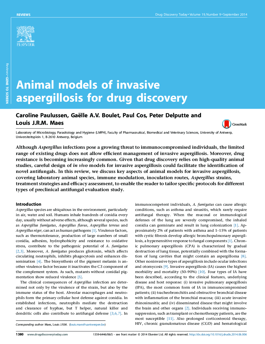 Animal models of invasive aspergillosis for drug discovery