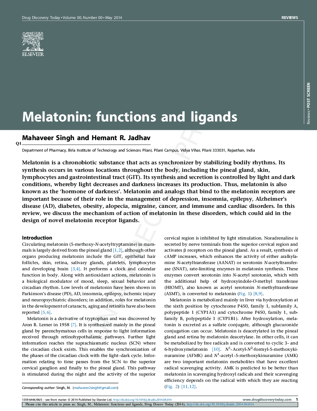 Melatonin: functions and ligands