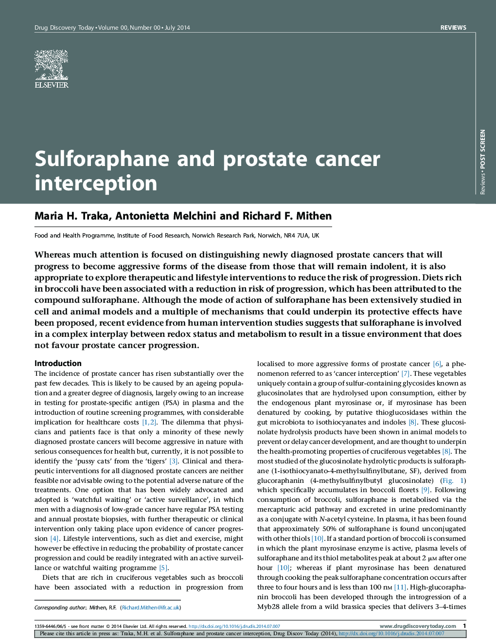 Sulforaphane and prostate cancer interception