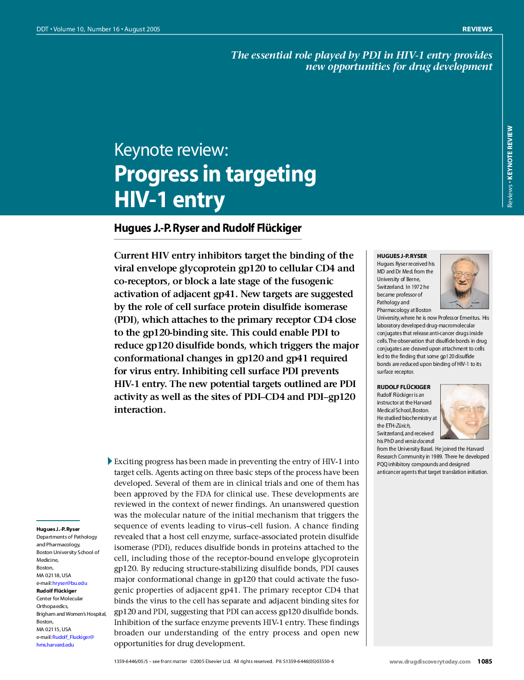 Keynote review: Progress in targeting HIV-1 entry