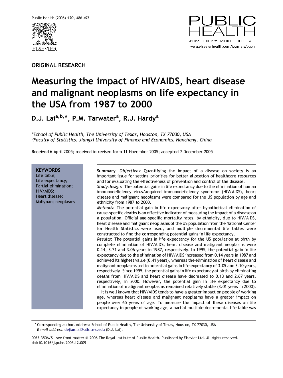 Measuring the impact of HIV/AIDS, heart disease and malignant neoplasms on life expectancy in the USA from 1987 to 2000