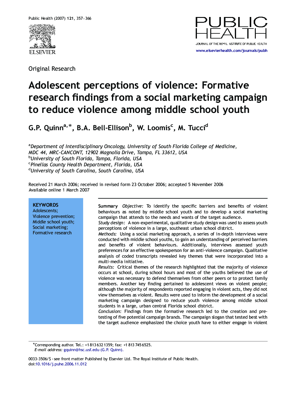 Adolescent perceptions of violence: Formative research findings from a social marketing campaign to reduce violence among middle school youth