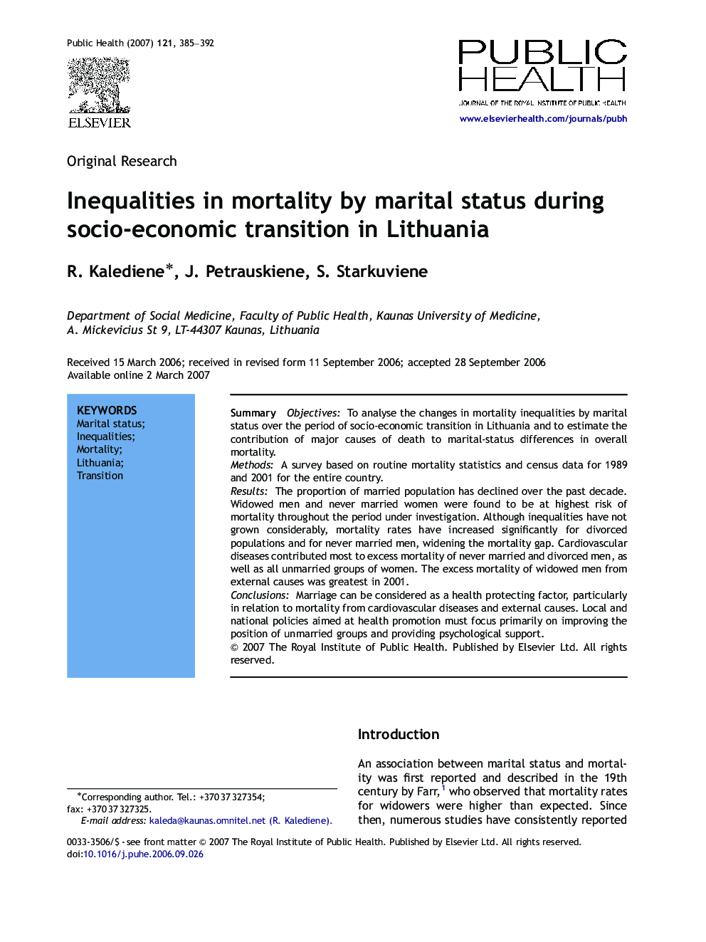 Inequalities in mortality by marital status during socio-economic transition in Lithuania