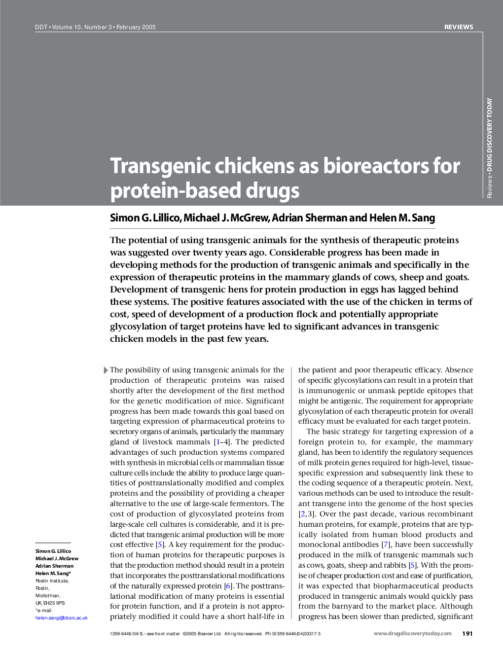 Transgenic chickens as bioreactors for protein-based drugs