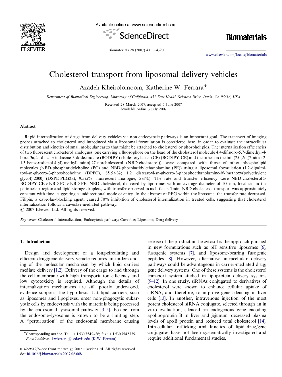 Cholesterol transport from liposomal delivery vehicles