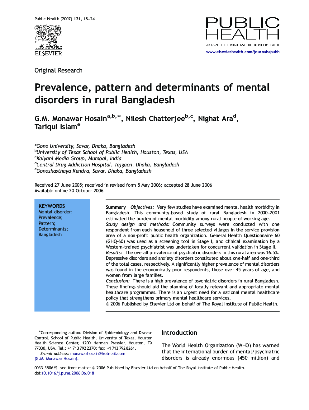 Prevalence, pattern and determinants of mental disorders in rural Bangladesh
