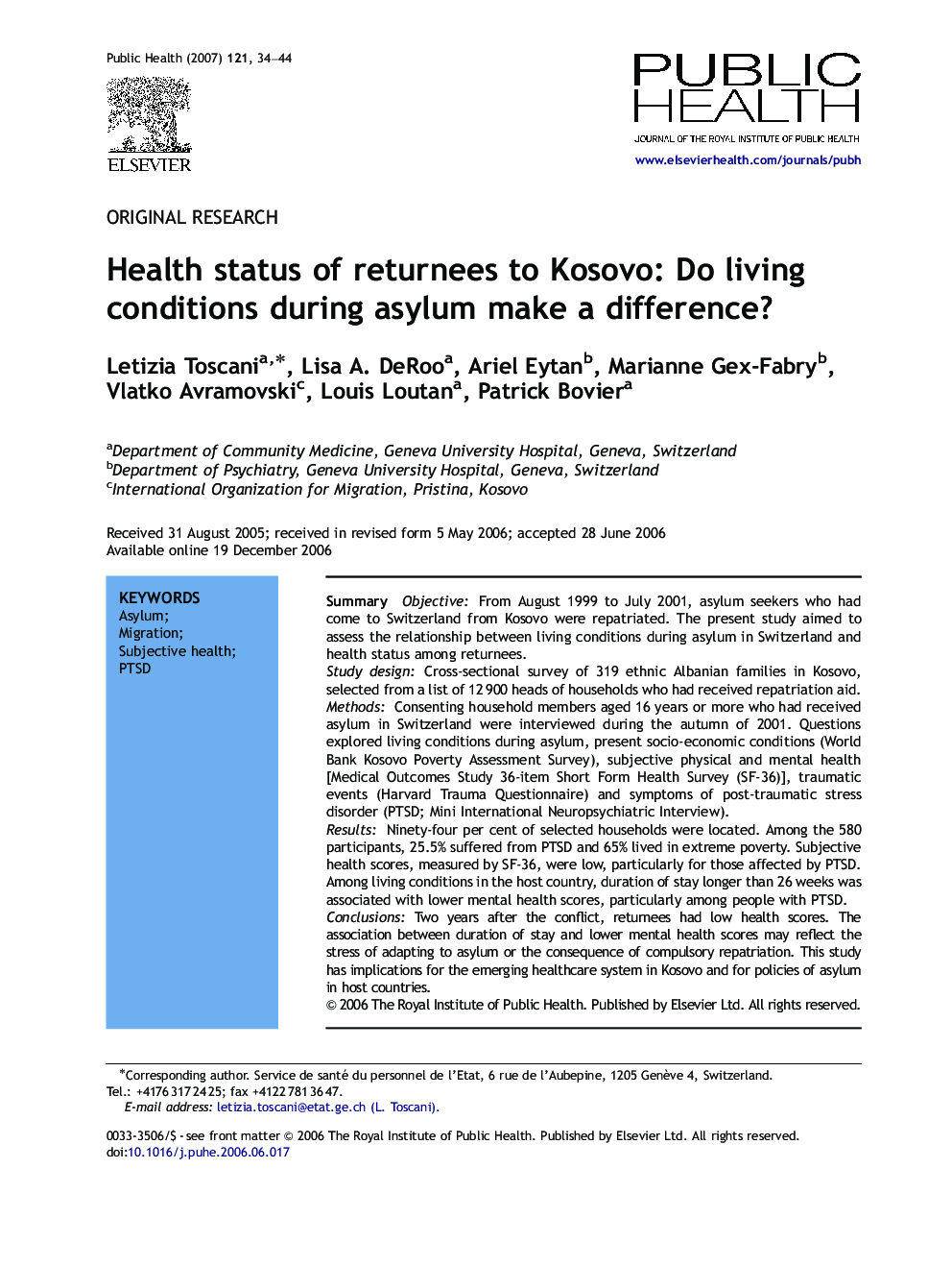 Health status of returnees to Kosovo: Do living conditions during asylum make a difference?