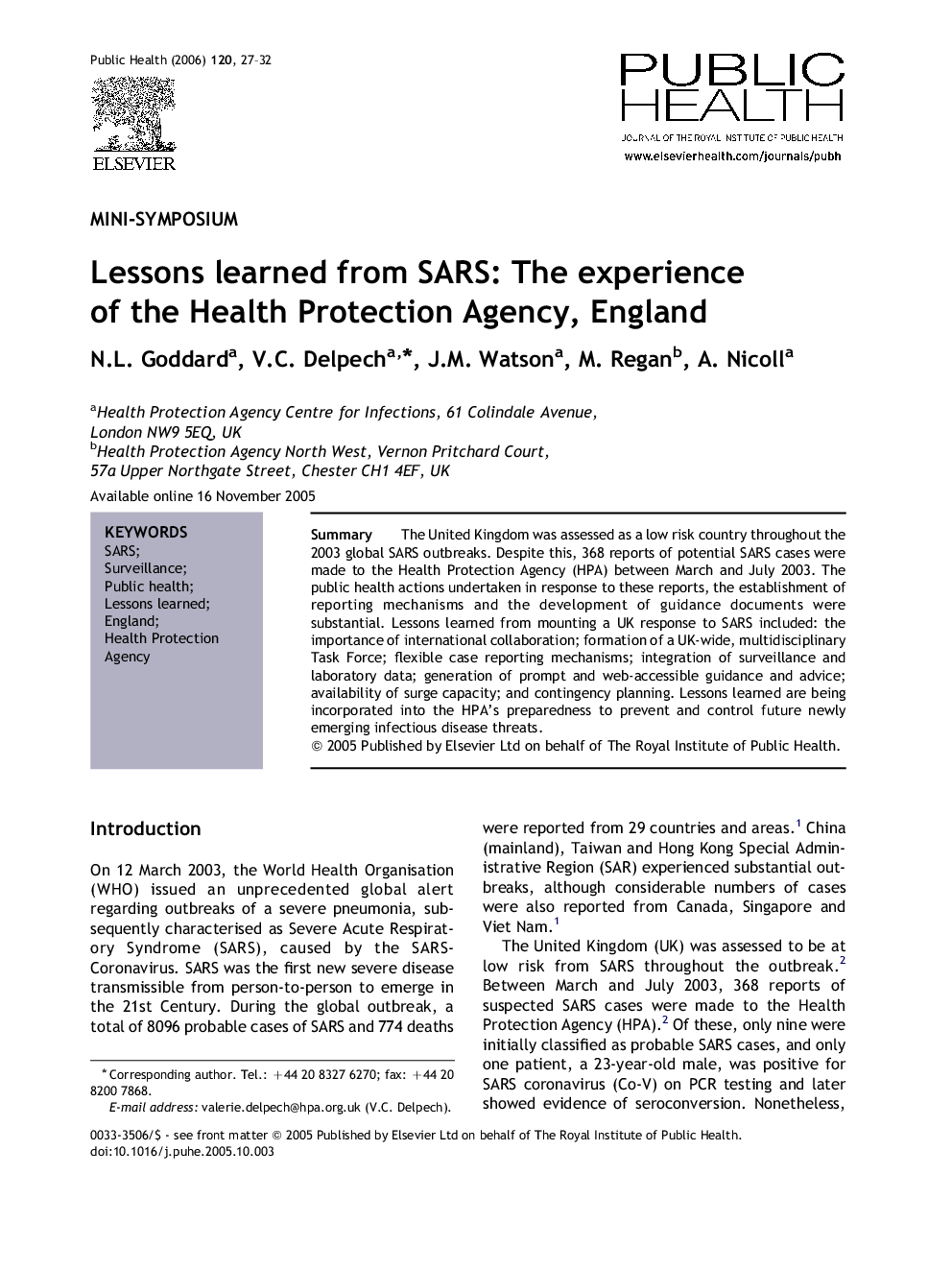 Lessons learned from SARS: The experience of the Health Protection Agency, England