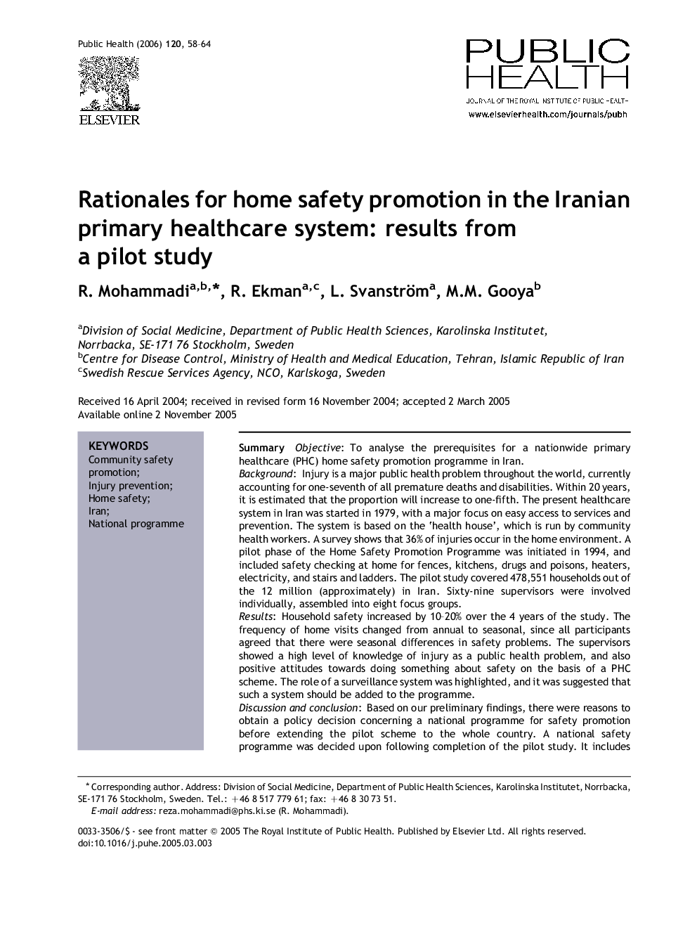 Rationales for home safety promotion in the Iranian primary healthcare system: results from a pilot study