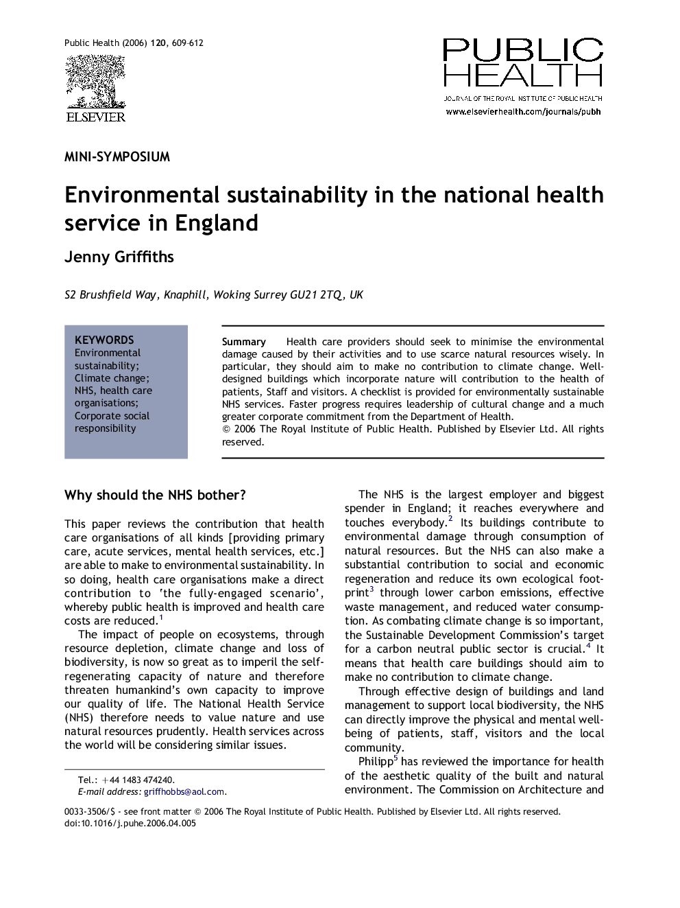 Environmental sustainability in the national health service in England