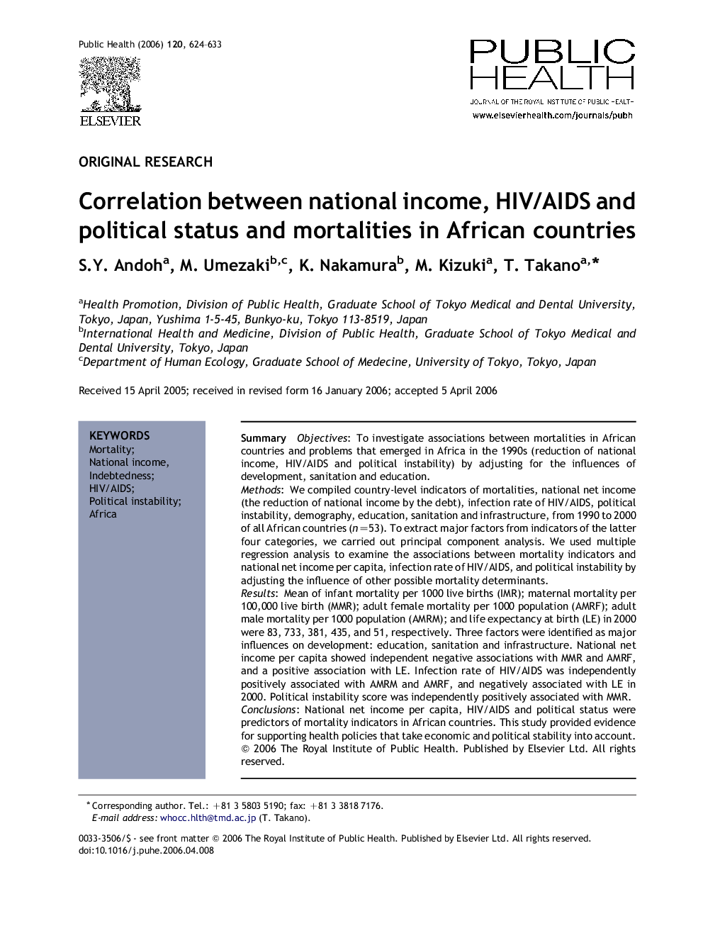 Correlation between national income, HIV/AIDS and political status and mortalities in African countries