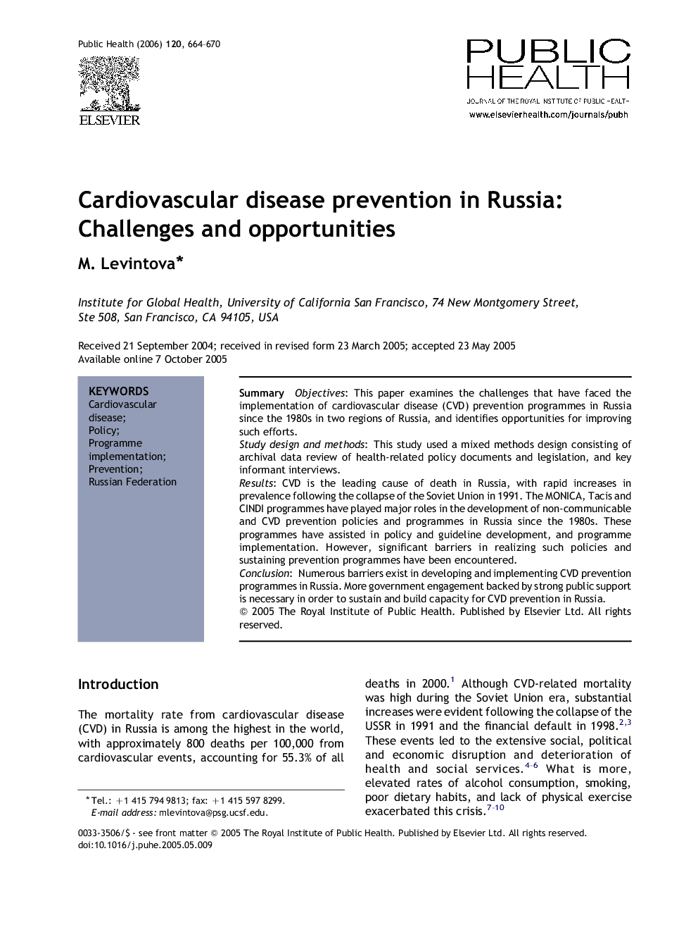 Cardiovascular disease prevention in Russia: Challenges and opportunities