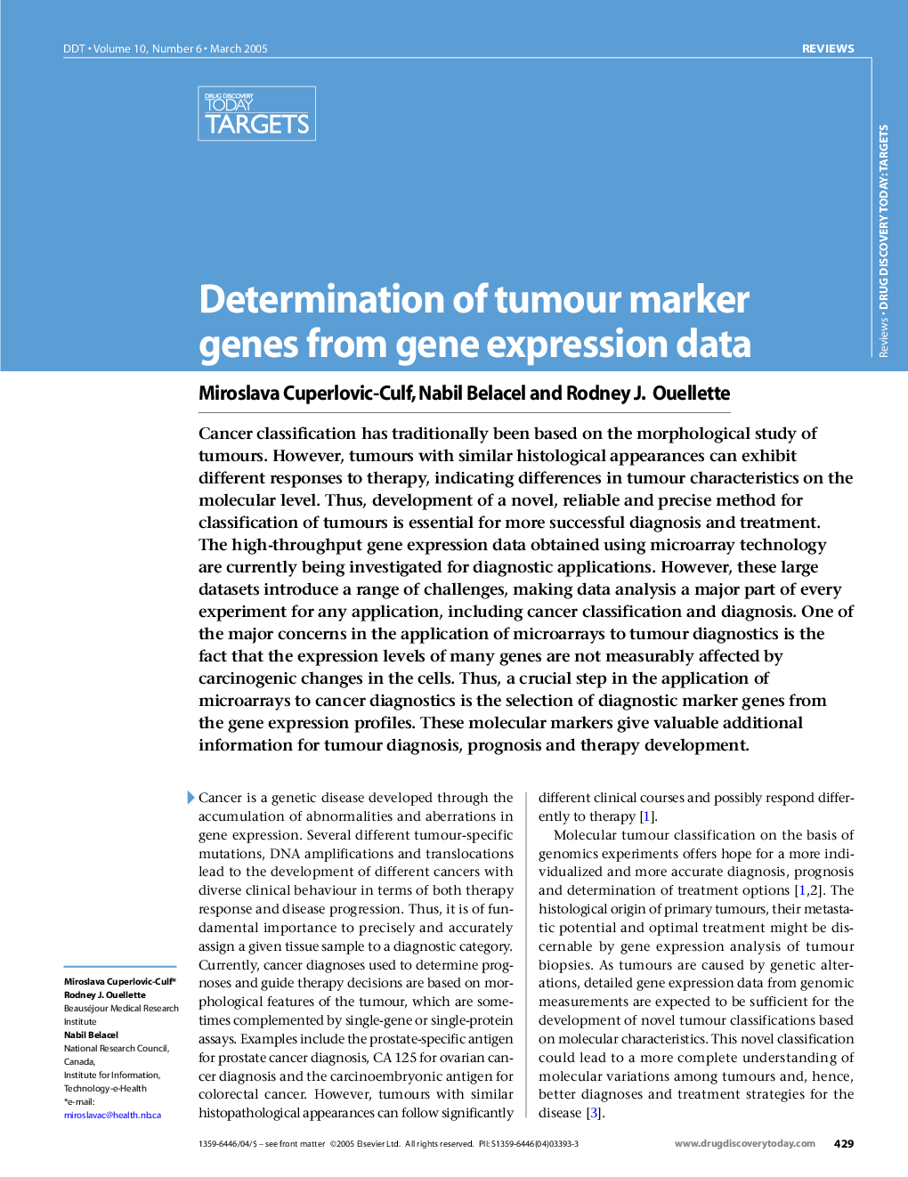 Determination of tumour marker genes from gene expression data