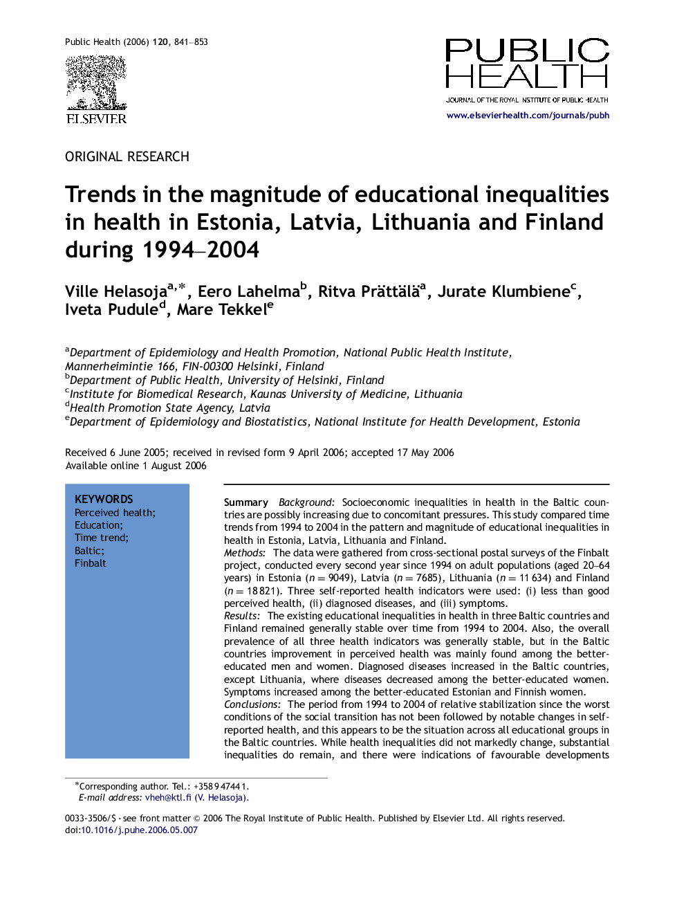 Trends in the magnitude of educational inequalities in health in Estonia, Latvia, Lithuania and Finland during 1994–2004