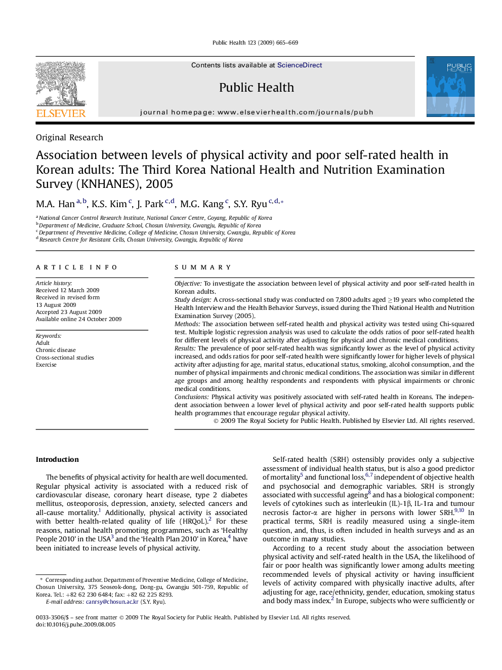 Association between levels of physical activity and poor self-rated health in Korean adults: The Third Korea National Health and Nutrition Examination Survey (KNHANES), 2005