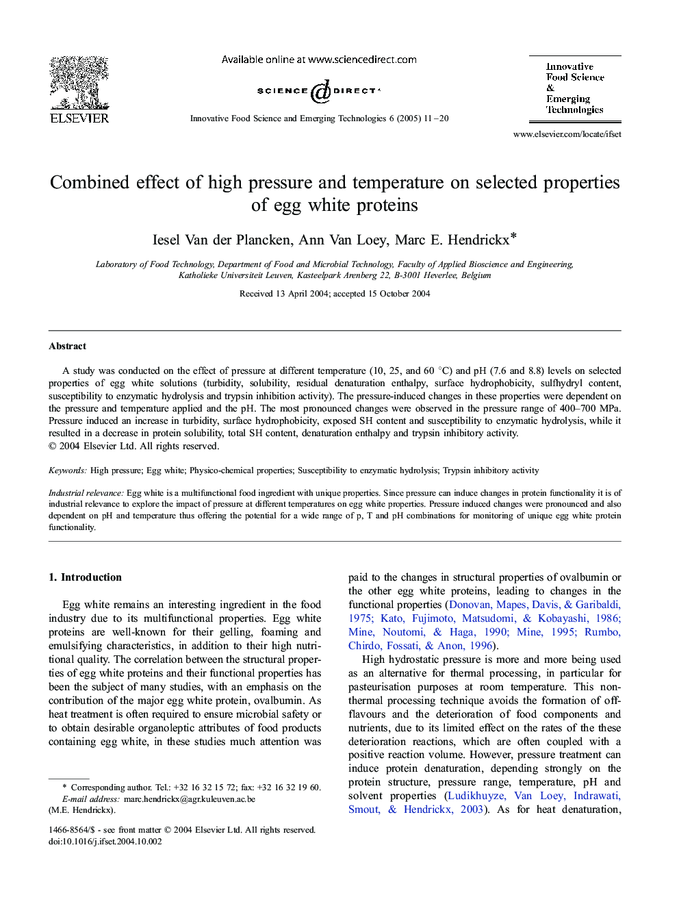 Combined effect of high pressure and temperature on selected properties of egg white proteins