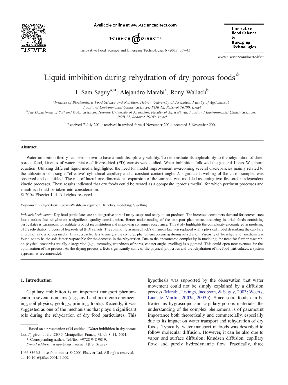 Liquid imbibition during rehydration of dry porous foods