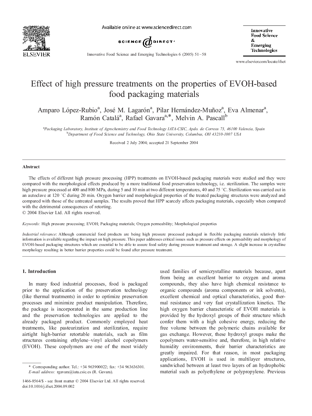 Effect of high pressure treatments on the properties of EVOH-based food packaging materials