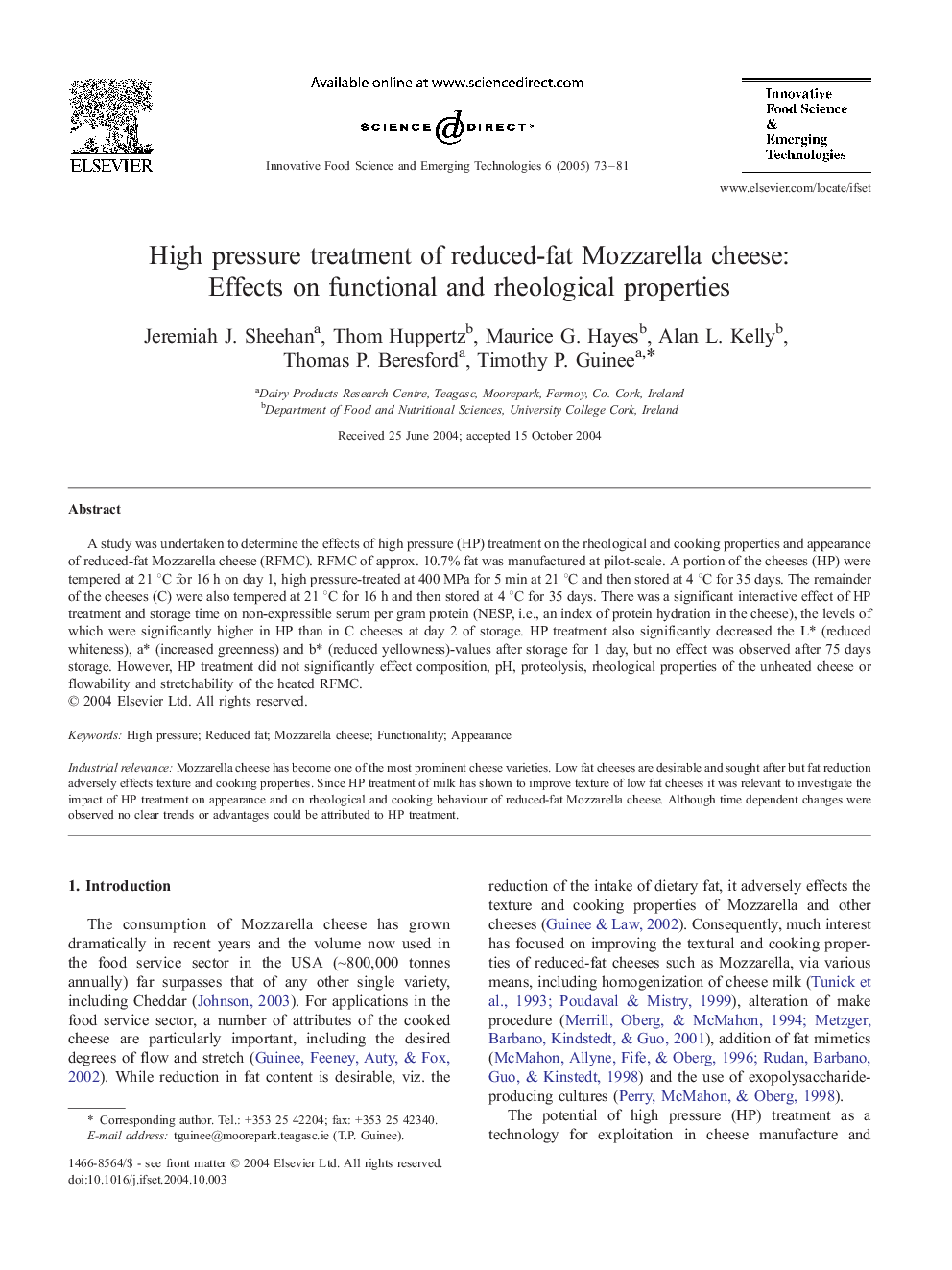 High pressure treatment of reduced-fat Mozzarella cheese: Effects on functional and rheological properties