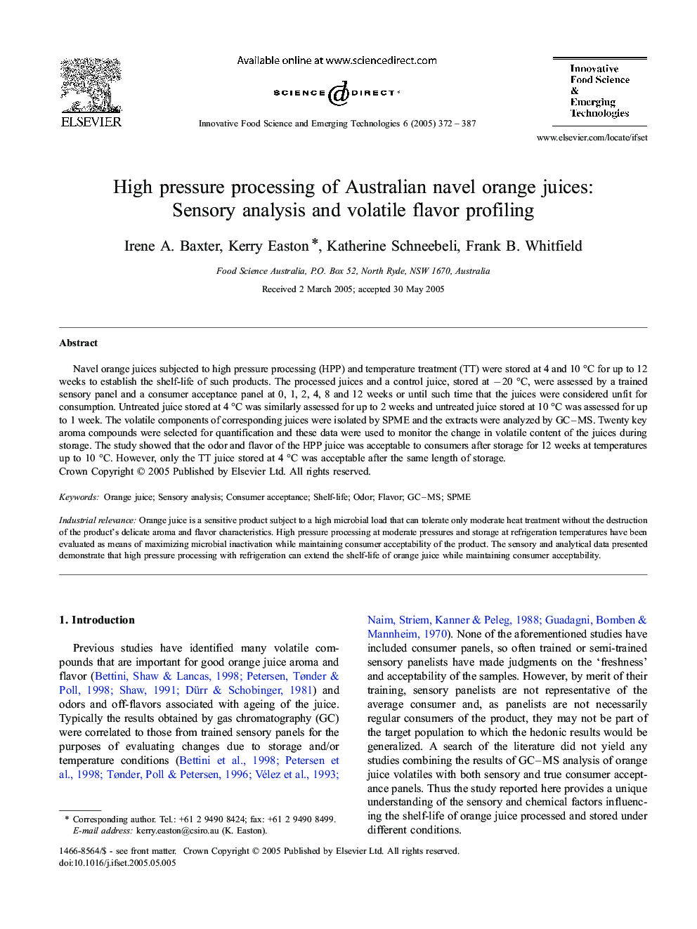 High pressure processing of Australian navel orange juices: Sensory analysis and volatile flavor profiling