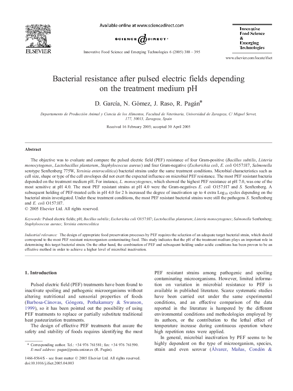 Bacterial resistance after pulsed electric fields depending on the treatment medium pH