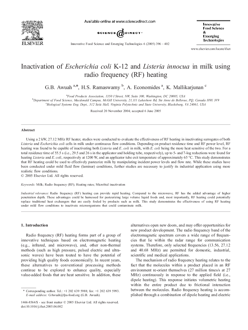 Inactivation of Escherichia coli K-12 and Listeria innocua in milk using radio frequency (RF) heating