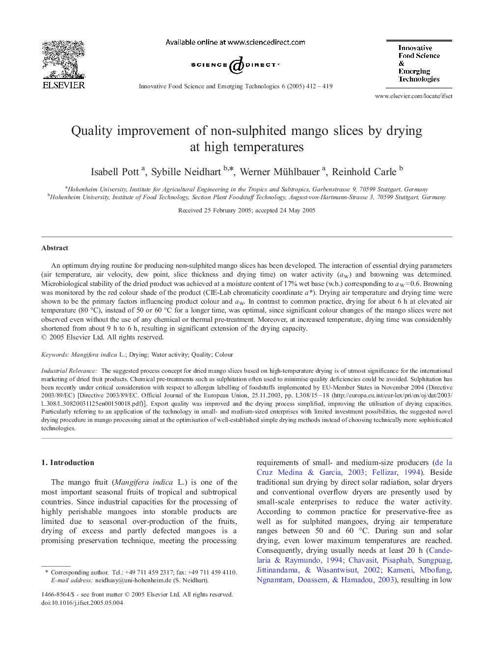 Quality improvement of non-sulphited mango slices by drying at high temperatures