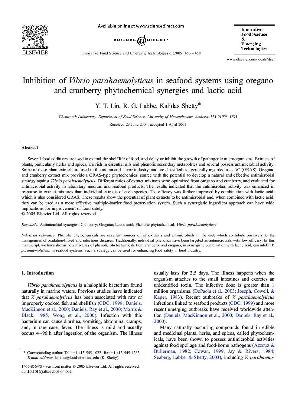 Inhibition of Vibrio parahaemolyticus in seafood systems using oregano and cranberry phytochemical synergies and lactic acid