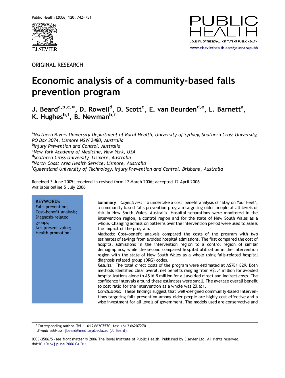 Economic analysis of a community-based falls prevention program