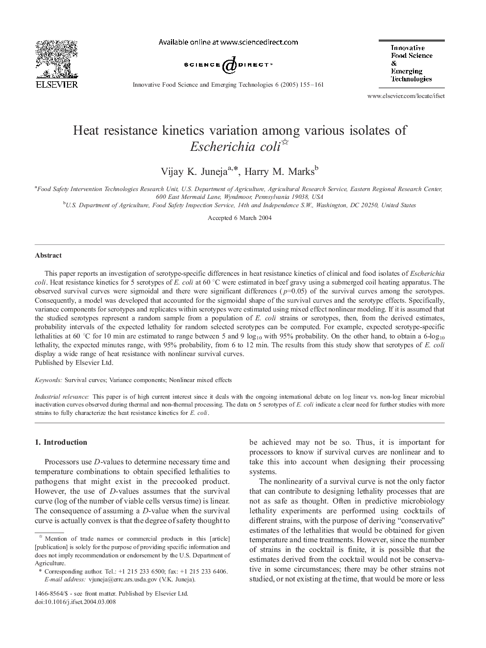Heat resistance kinetics variation among various isolates of Escherichia coli