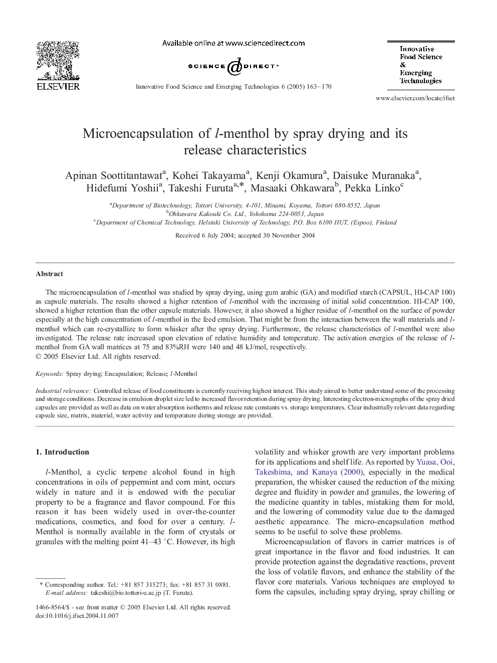 Microencapsulation of l-menthol by spray drying and its release characteristics