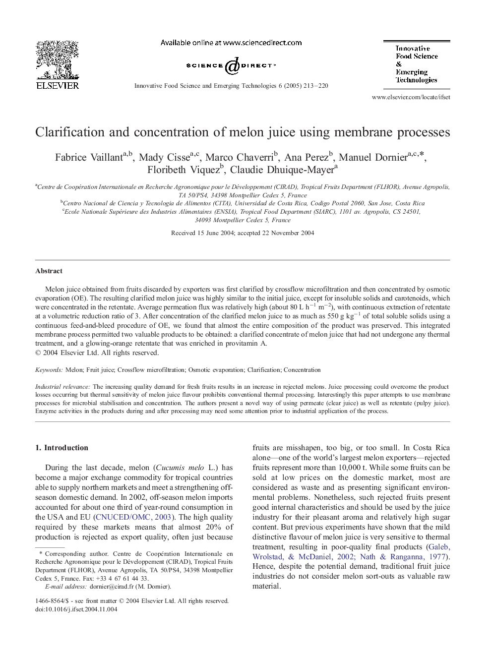 Clarification and concentration of melon juice using membrane processes