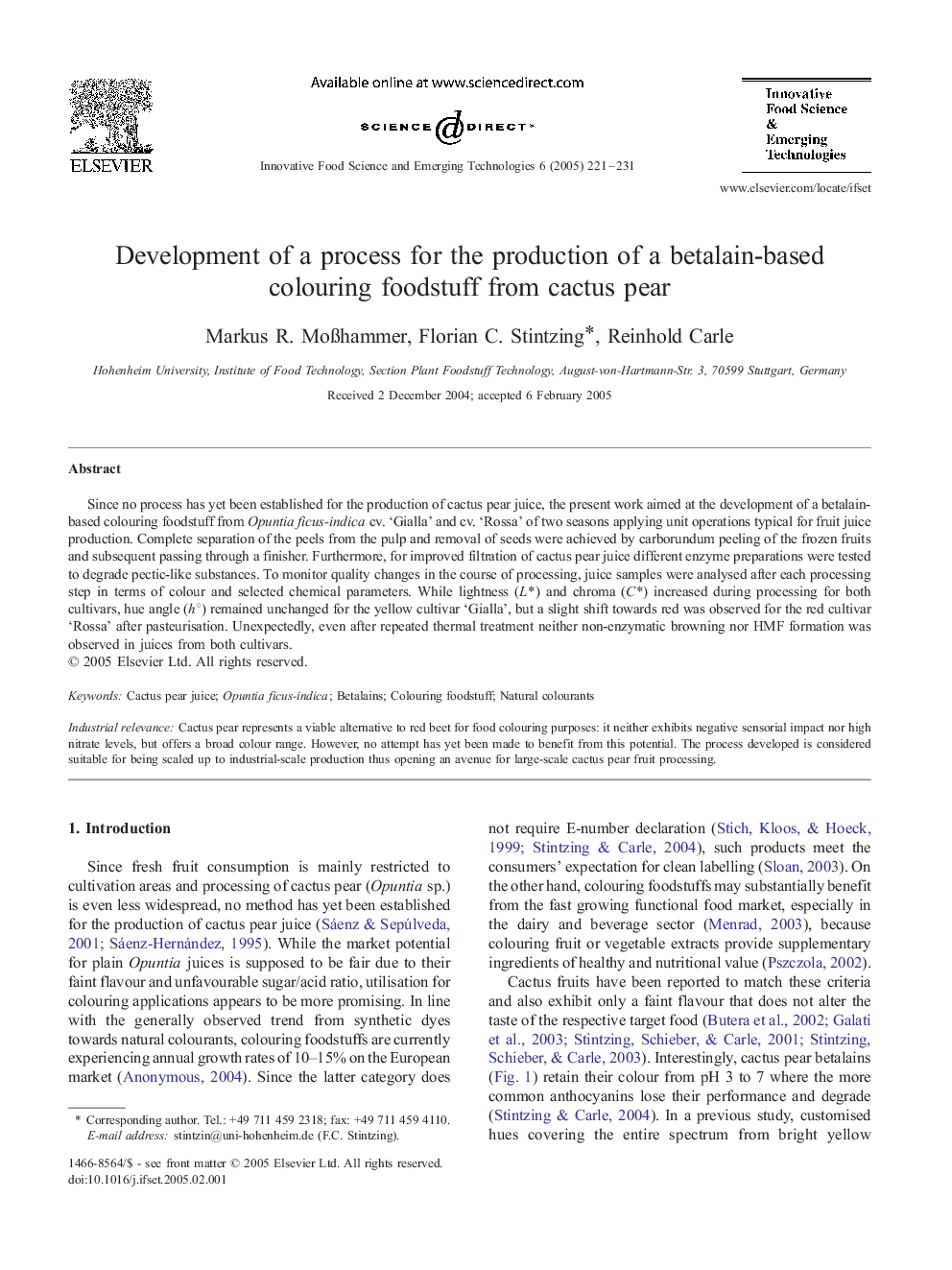 Development of a process for the production of a betalain-based colouring foodstuff from cactus pear