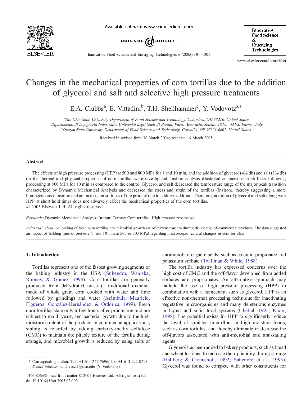 Changes in the mechanical properties of corn tortillas due to the addition of glycerol and salt and selective high pressure treatments