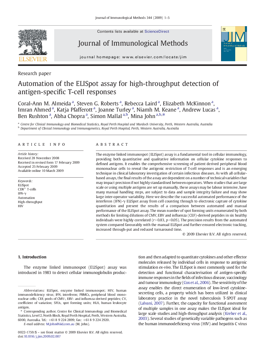 Automation of the ELISpot assay for high-throughput detection of antigen-specific T-cell responses