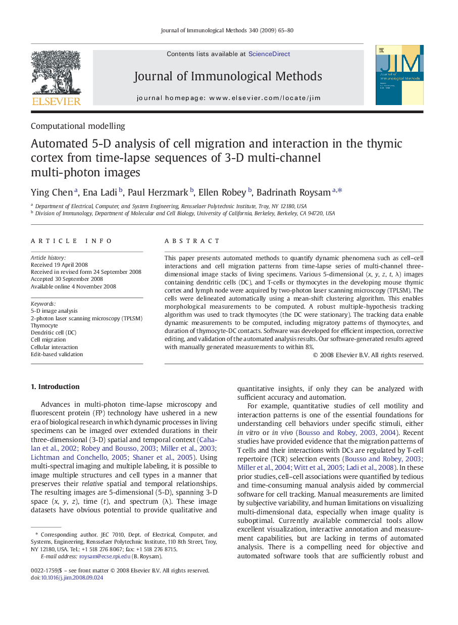 Automated 5-D analysis of cell migration and interaction in the thymic cortex from time-lapse sequences of 3-D multi-channel multi-photon images