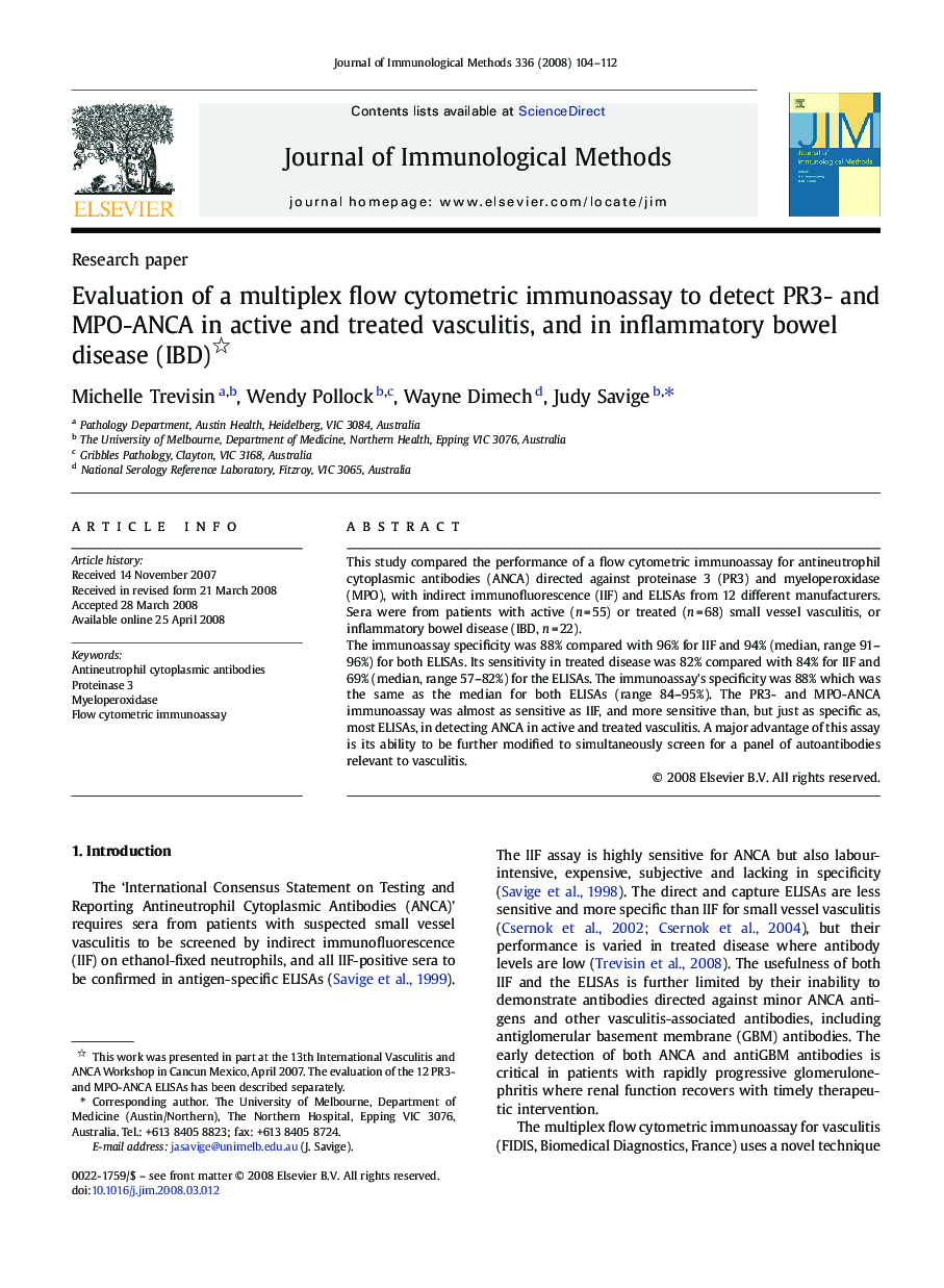 Evaluation of a multiplex flow cytometric immunoassay to detect PR3- and MPO-ANCA in active and treated vasculitis, and in inflammatory bowel disease (IBD)